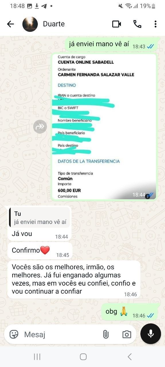 Captura de ecrã do pagamento